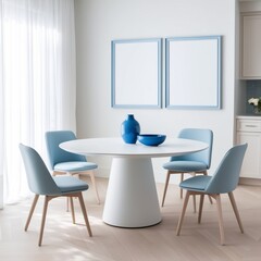 Modern Minimalist Dining Room with Elegant Decor and Blank Frames | sky blue