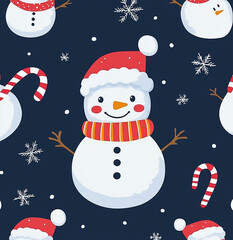 Naklejka premium Festive snowmen and candy canes adorn this winter holiday pattern design