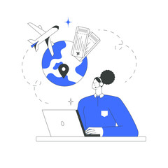 Travel Assistant Using Laptop With Globe, Airplane, And Tickets In Flat Vector Illustration Symbolizing Travel Planning, Booking, And Tourism, Isolated On White Background.