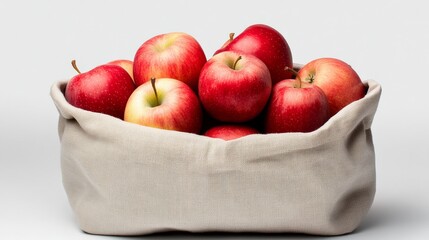 Basket of apples is sitting on a white background. The apples are red and shiny, and they are arranged in a neat pile. The basket is made of a soft, woven material