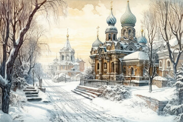 Obraz premium An illustration of a winter cityscape depicting majestic 