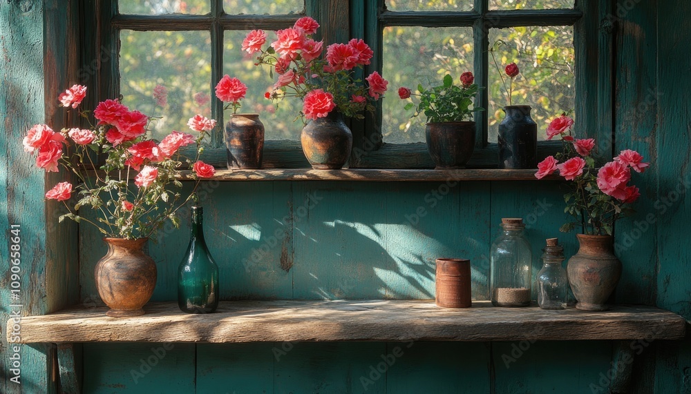 Poster a wooden shelf with various pottery and bottles against a rustic wooden wall. this vintage photo is 