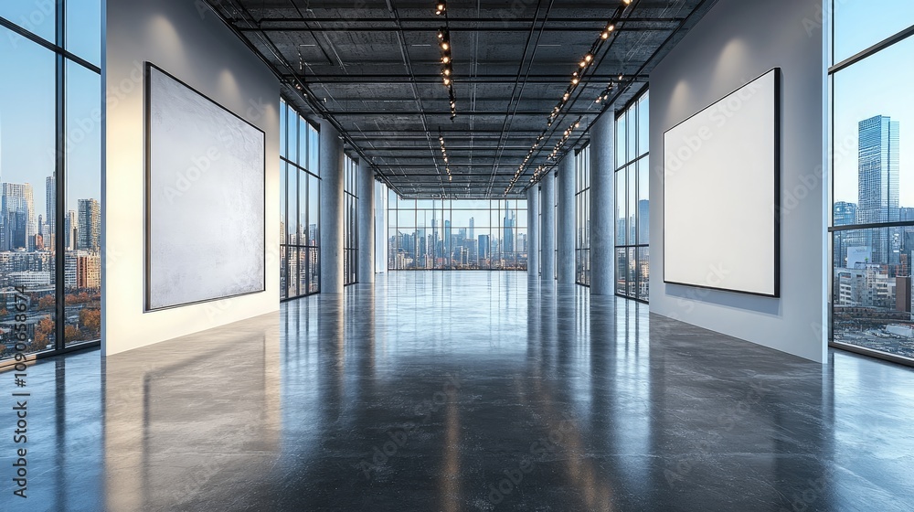 Poster empty gallery with blank canvases. this image is perfect for showcasing art or design projects.