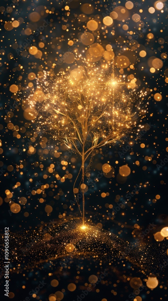 Poster a glowing golden tree with a dark background and bokeh lights.