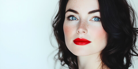 Fototapeta premium Confident woman with dark hair and red lipstick posing elegantly.