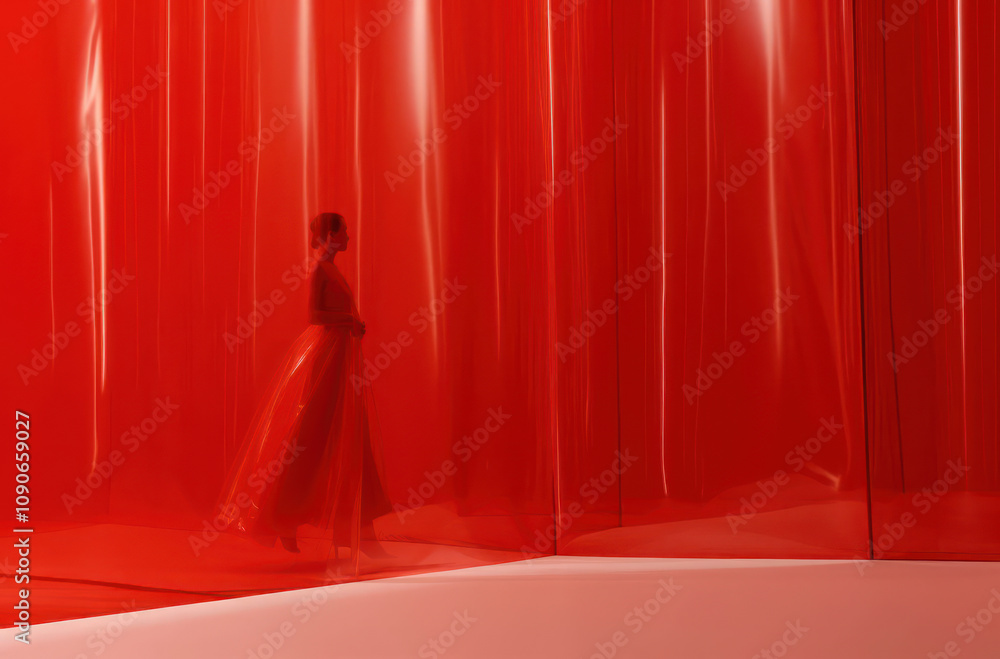 Poster red background fashion model moving gracefully creating a dreamlike atmosphere and evoking emotion w