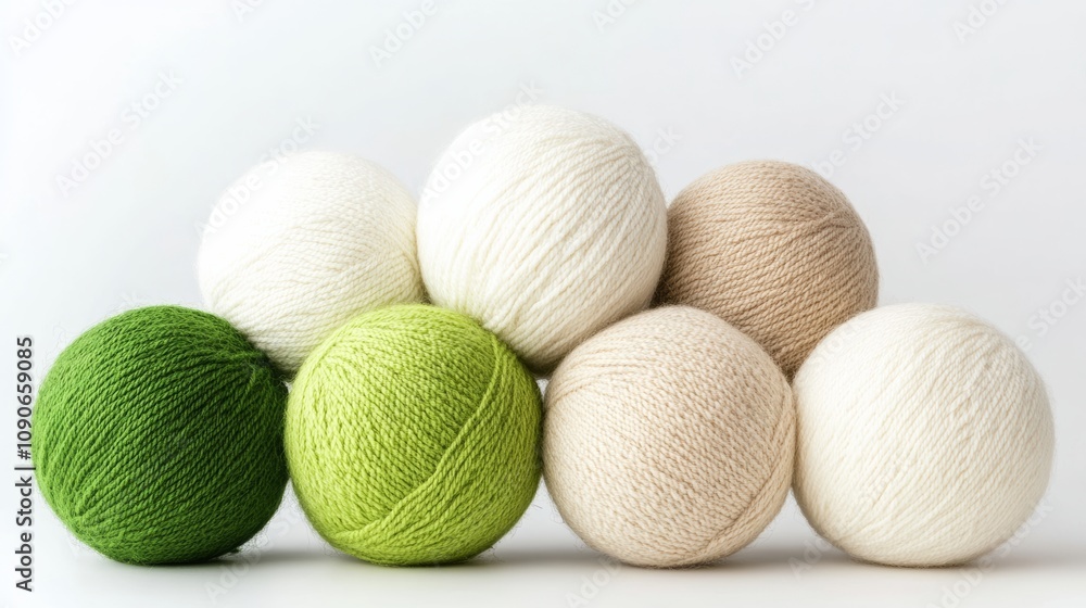 Poster row of balls with different colors, including green, white, and tan. the balls are stacked on top of