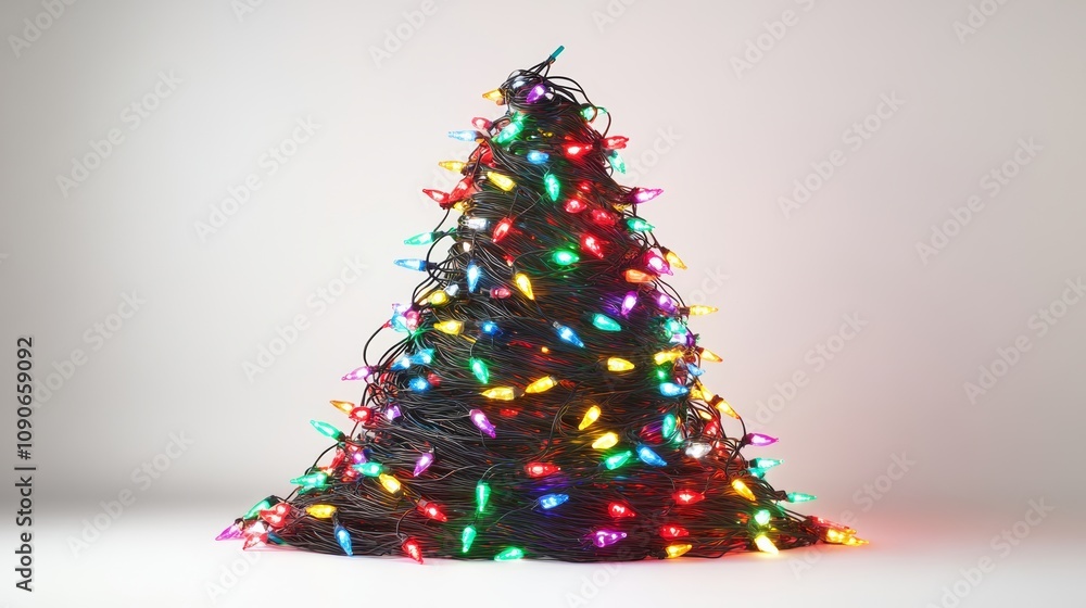 Poster christmas tree made of lights is piled on top of itself. the lights are of different colors and are 