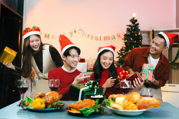 drinks and conversation, social gathering and get together at Merry Christmas young people, group...
