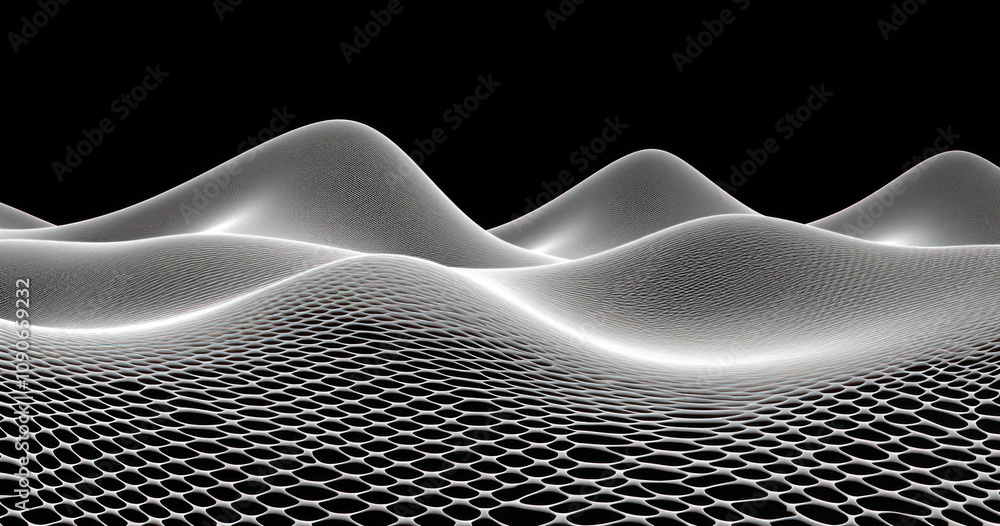 Poster abstract 3d representation of flowing waves with a network structure in monochrome, ideal for modern