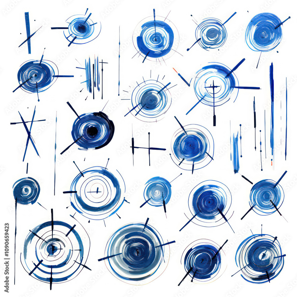 Poster artistic blue circular abstract patterns featuring various radiating lines and shapes suitable for m