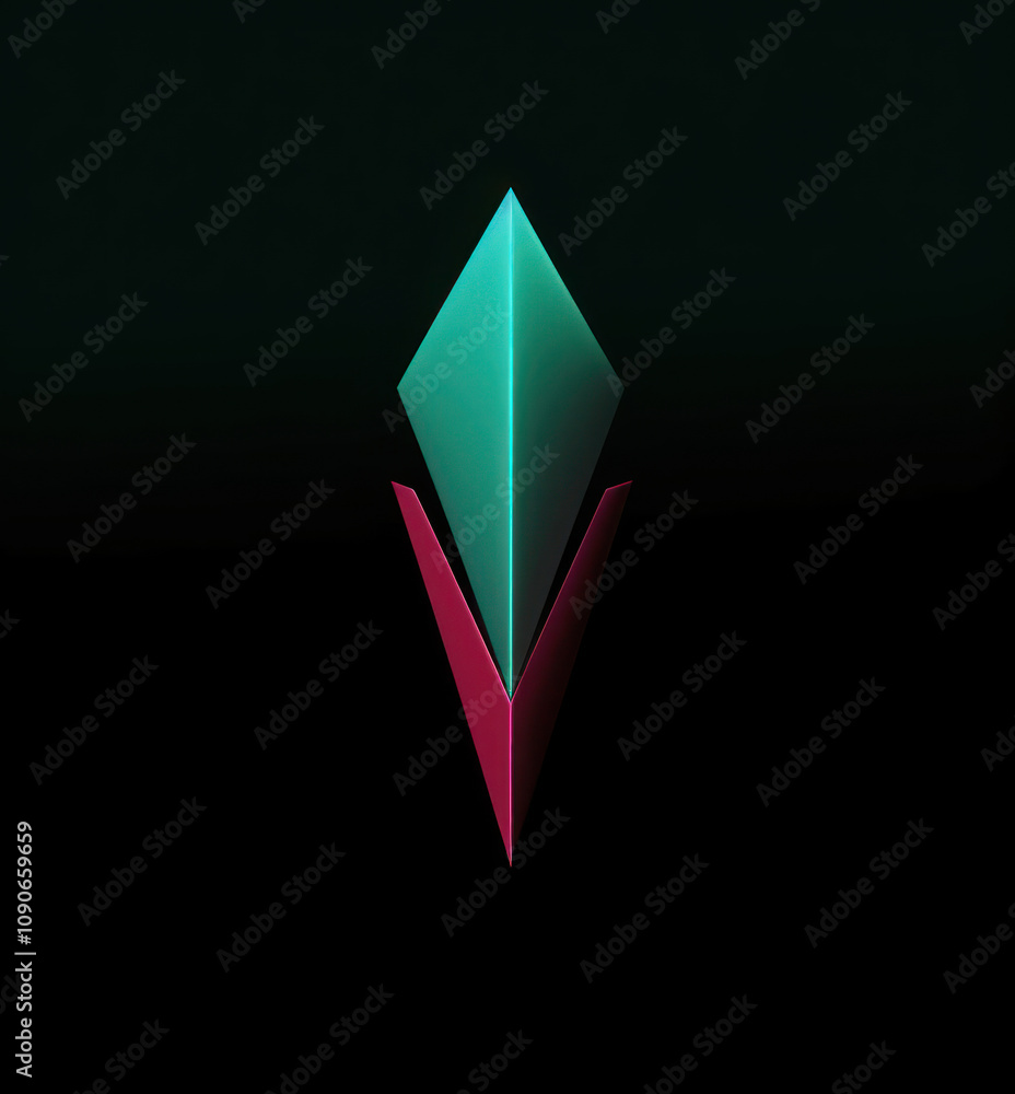 Poster modern geometric shape in teal and red against a dark background, isolated with clean lines and eleg