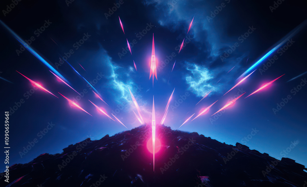 Poster vibrant rays of light emanating from a central point against a dark stormy sky, creating a dynamic a