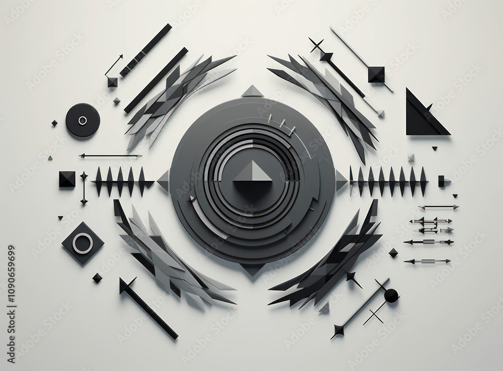 Aufkleber abstract geometric composition in black and gray featuring various shapes, lines, and patterns creat