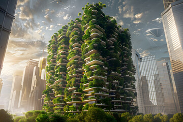 Obraz premium A futuristic green skyscraper adorned with lush vegetation, blending nature with urban architecture under a vibrant sky.