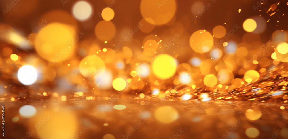 Poster shimmering golden lights: a vivid abstract background with sparkling bokeh effect creating a warm an