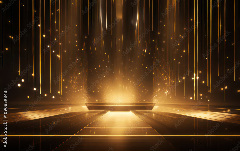 Poster shimmering golden light with sparkling particles and radiant background for creative design and mode