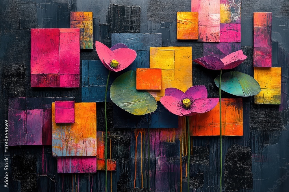 Poster abstract artwork with flowers. this is a photo of a painting with bold colors and shapes, perfect fo