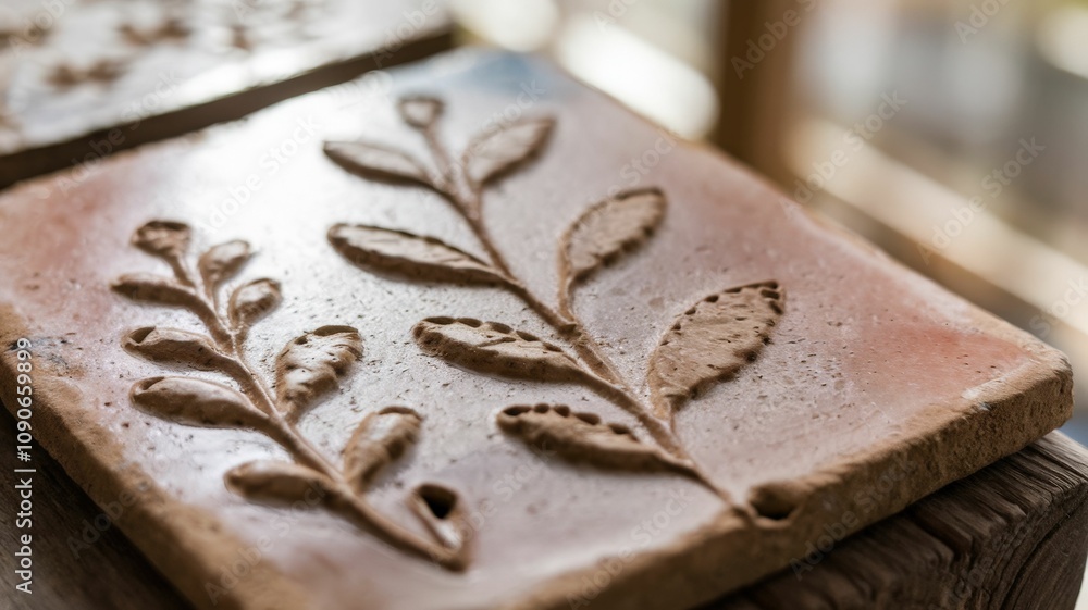 Poster a close-up of an embossed clay tile featuring delicate leaf patterns, showcasing craftsmanship and n
