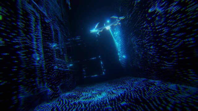 A drone equipped with sensors scans a hard-to-reach area using blue laser beams in a futuristic digital environment.