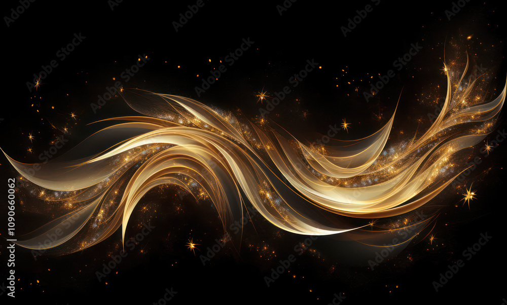 Poster elegant flowing golden wave with sparkling stars against a deep black background, creating a sense o