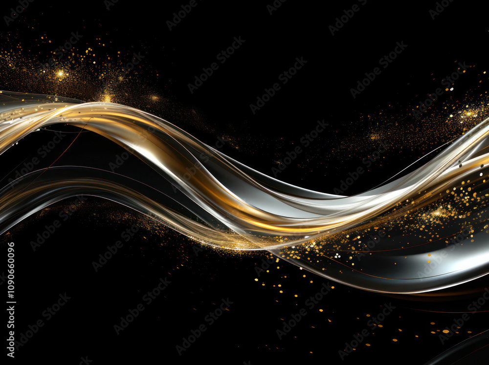 Aufkleber elegant flowing abstract design featuring shimmering metallic waves and golden sparkles against a da
