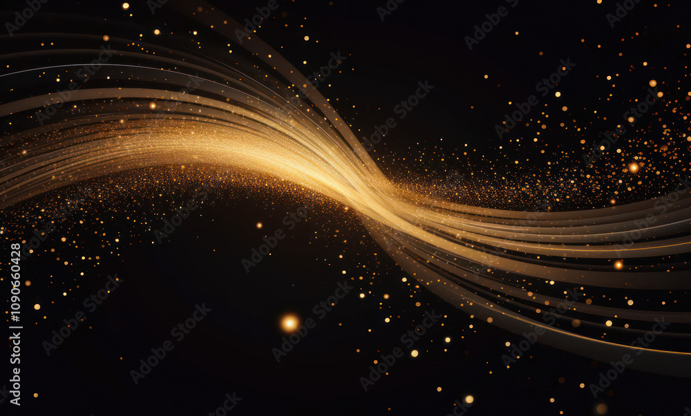 Poster elegant golden wave with sparkling particles and dynamic lines on a dark background, ideal for celeb