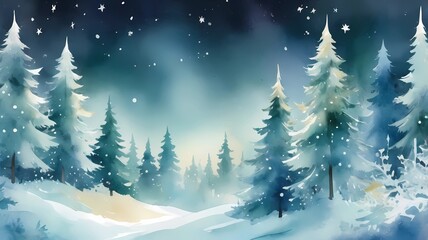 Obraz premium Watercolor painted fir trees dusted with snow, ice-crystal details, and sparkling stars. Christmas winter holidays background. Snow forest mockup. Festive Christmas border copy space.