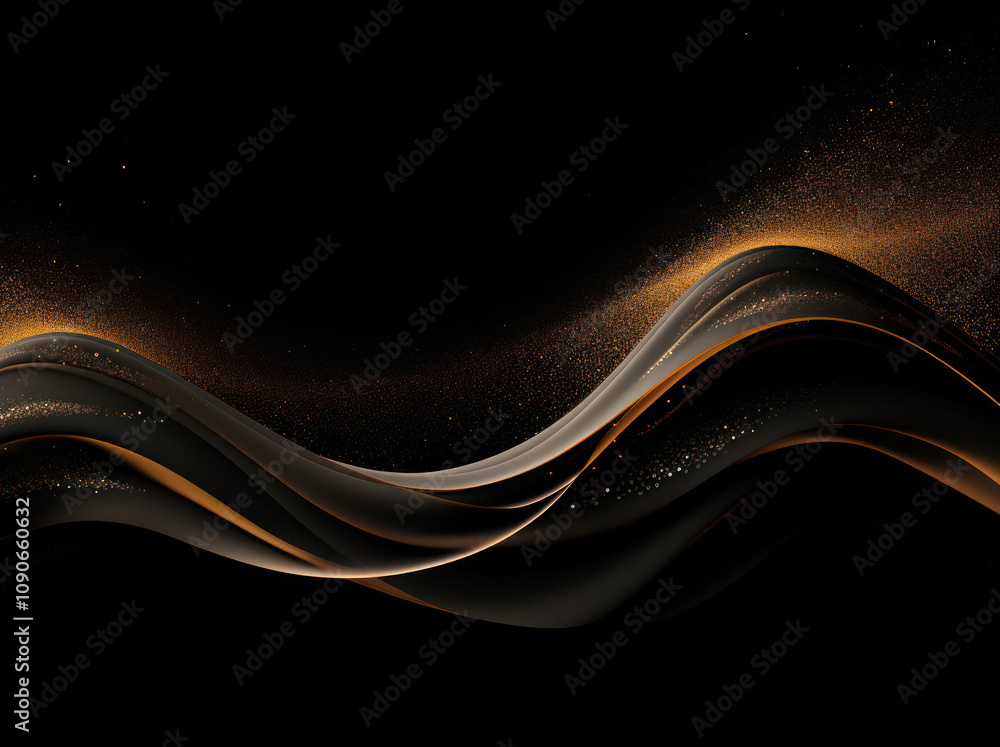 Poster elegant abstract waves with golden highlights on a dark background, capturing the flow of motion and