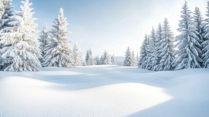 A serene winter landscape with snow-covered trees and a tranquil, bright sky.