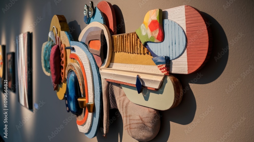 Poster a vibrant mixed-media artwork featuring colorful shapes and textures, creating a dynamic visual expe