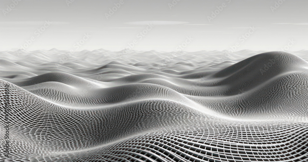 Leinwandbilder abstract black and white 3d landscape with flowing curves and grid patterns creating a digital wave 