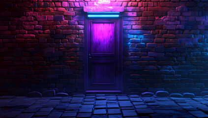 Neon light door on dark brick wall in empty street