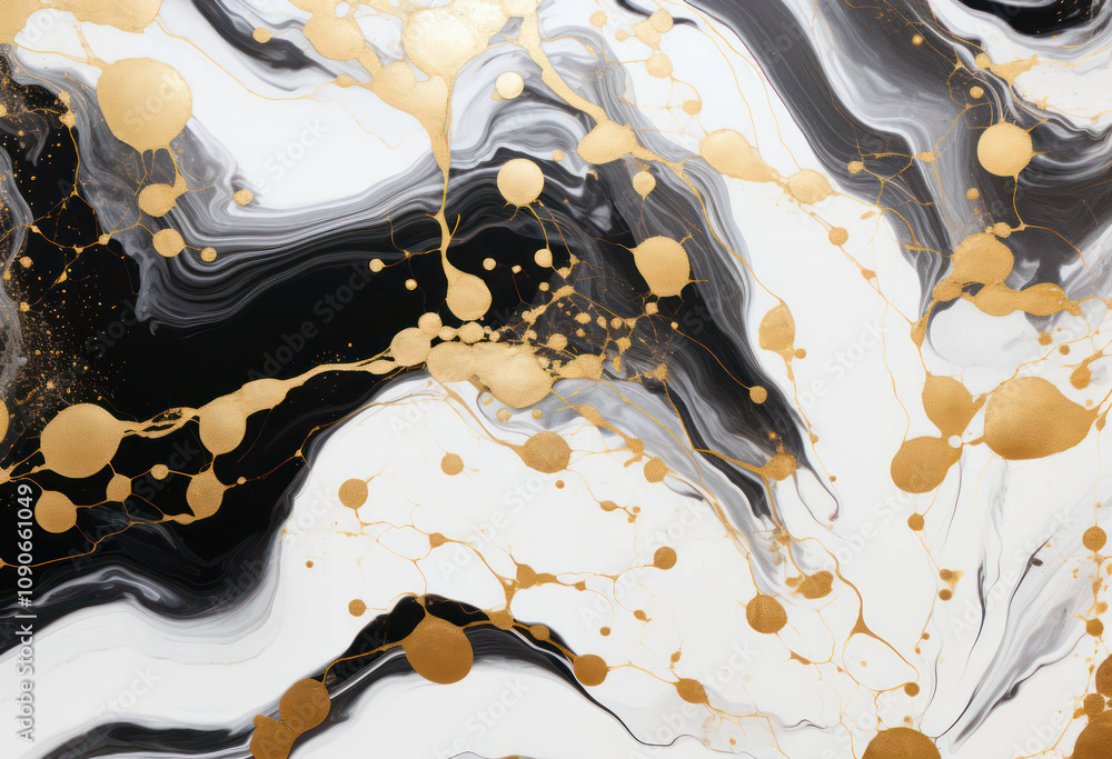 Poster abstract black and white marble background with gold circles and fluid patterns ideal for elegant wa