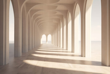 Obraz premium Expansive and Serene Interior of an Archway Gallery Bathed in Soft Natural Light with Beautiful Shadows Casting on a Polished Floor and Horizon View