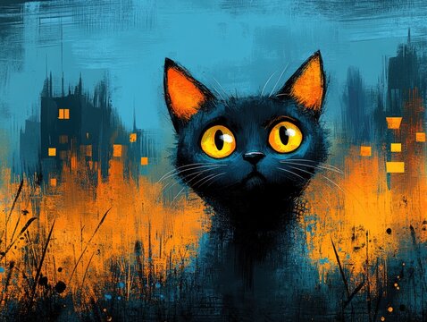 Abstract painting of a black cat with yellow eyes. A surrealist depiction of a cat staring intensely into the distance.