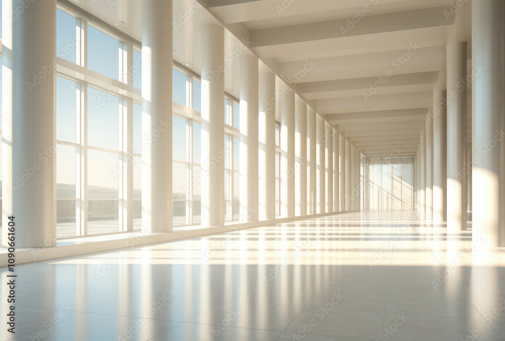 Poster modern sunlit hallway with floor-to-ceiling windows showcasing minimalist architectural design and n