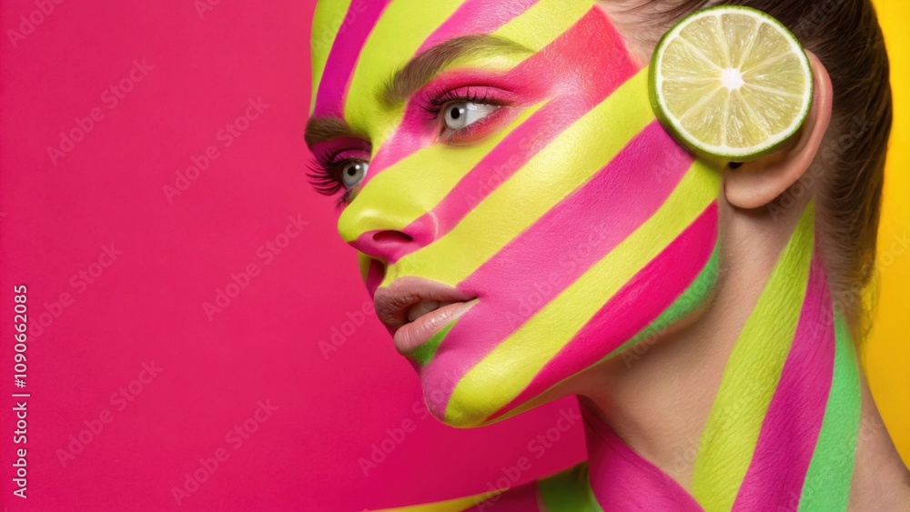 Poster this vibrant image portrays a model whose face is transformed into a canvas of neon colors. bright s