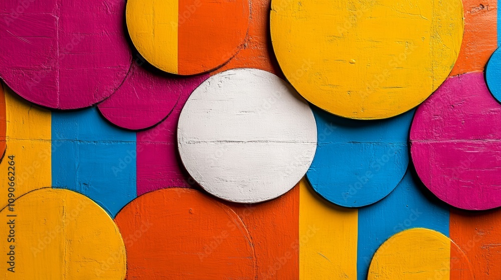 Poster a colorful wall with many circles and one white circle. the wall is made of wood and has a unique de