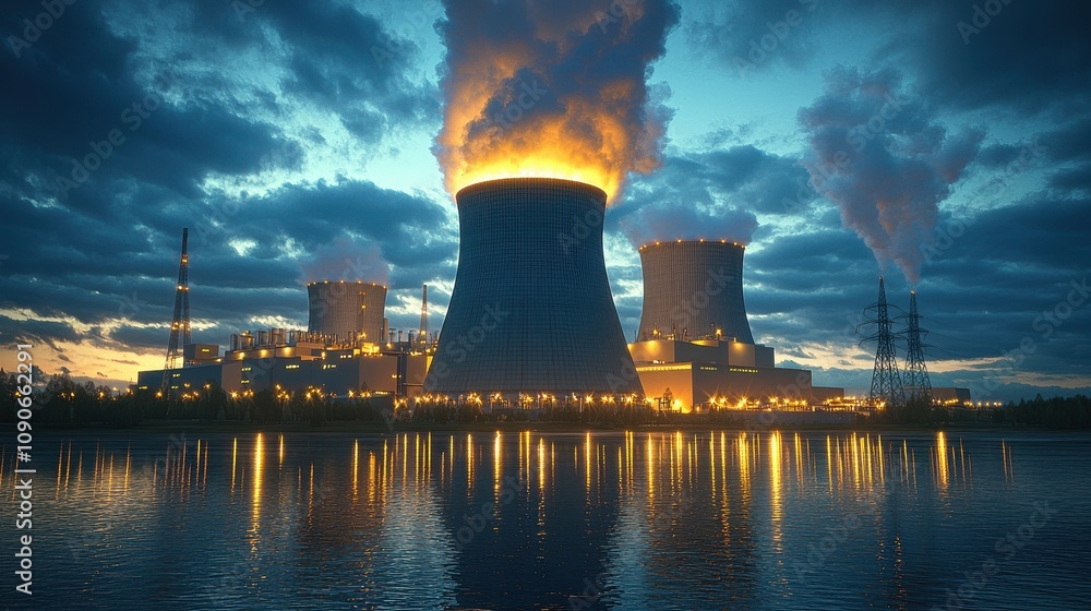 Poster rendering the nuclear power generation process standard visual representation industrial setting tec