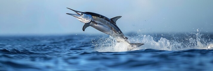 Naklejka premium A Blue Marlin Leaps From the Ocean's Depths