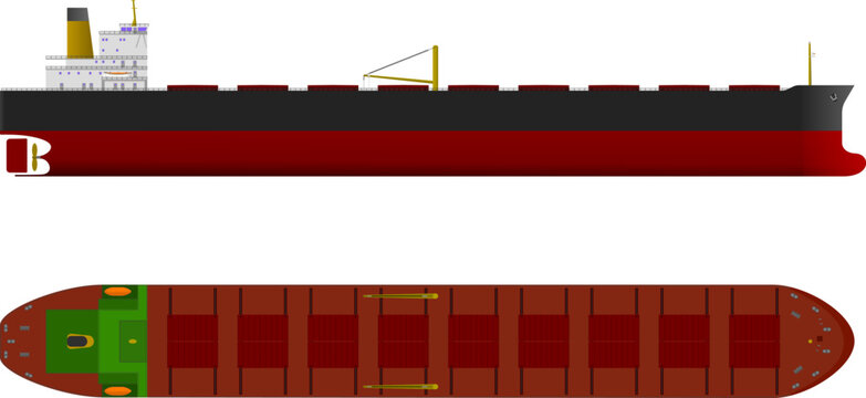 Cape Size Bulker Ship. Side and top profile of a cape size bulker. Isolated vector illustration.
