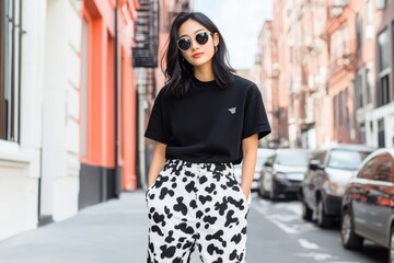 An Asian woman in cow print pants and sneakers enjoys a sunny day while posing on a vibrant city street