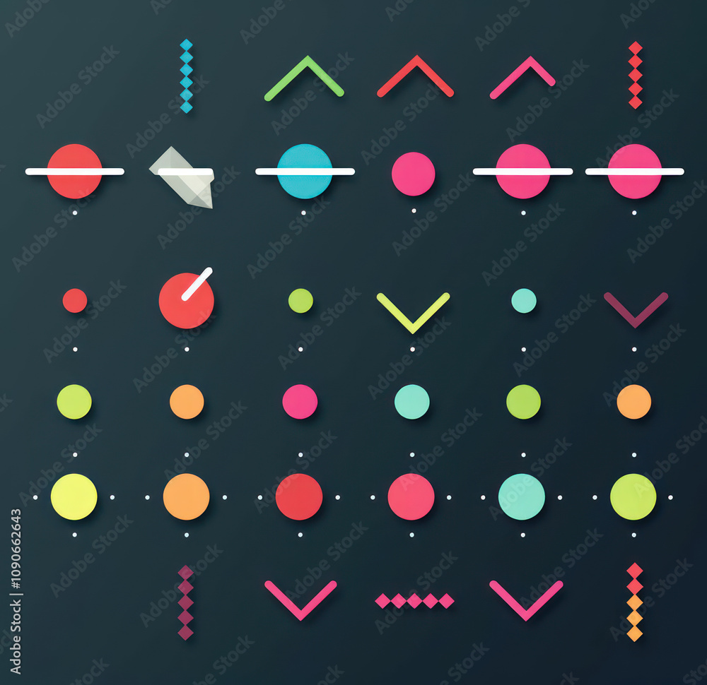 Poster abstract geometric shapes and forms design featuring colorful circles, triangles, and lines arranged