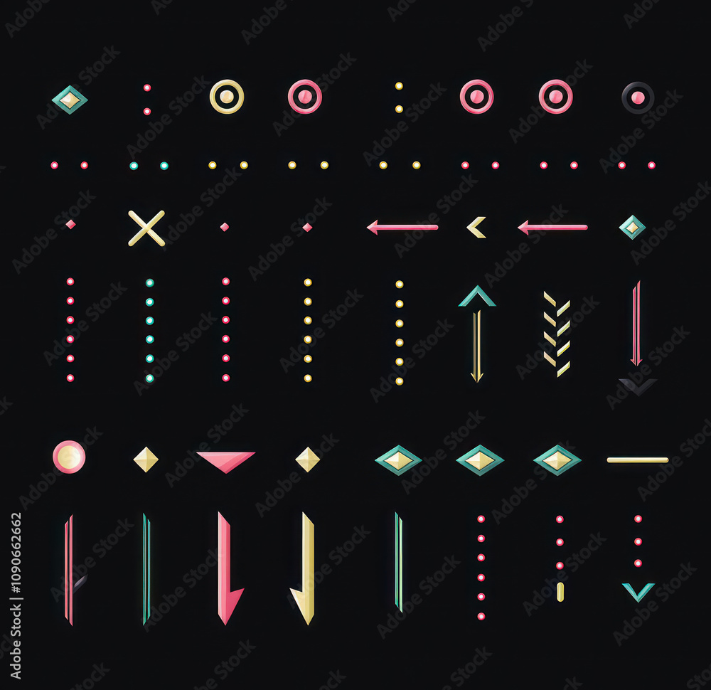 Aufkleber geometric shapes and symbols on black background for modern design concepts and digital art applicat