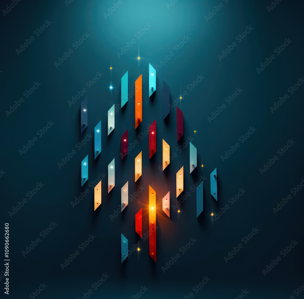 Poster abstract creative design featuring colorful geometric shapes on a dark background with sparkling lig