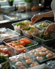 Obraz premium Fresh Seafood Vegetables Meal Prep Healthy Kitchen Organization