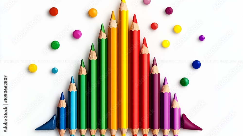 Poster row of pencils are arranged in a rainbow pattern. the pencils are of different colors and are placed