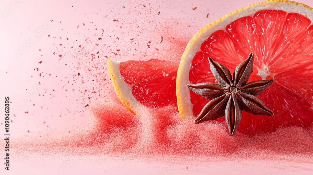 Poster a close up of a red grapefruit with a star on it. the grapefruit is surrounded by a pile of sand