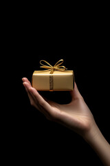 Hand holding gift box on black background.